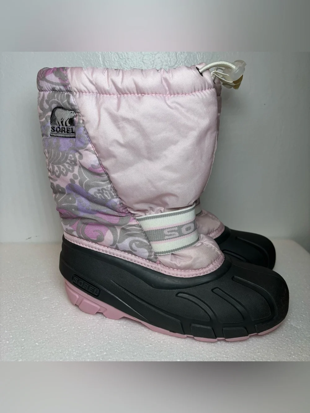 SOREL 'Cub' Winter Boots w/Felt Liners, Pink w/ Gray & Lavender Paisley